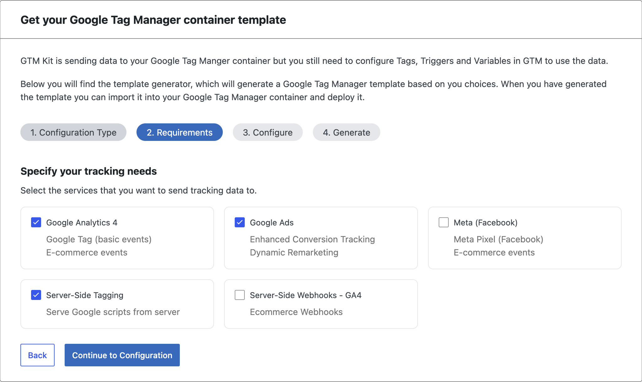 GTM Kit Template Assistant: Requirements step showing service checkboxes for GA4, Google Ads, Meta, Server-Side Tagging, Server-Side Webhooks